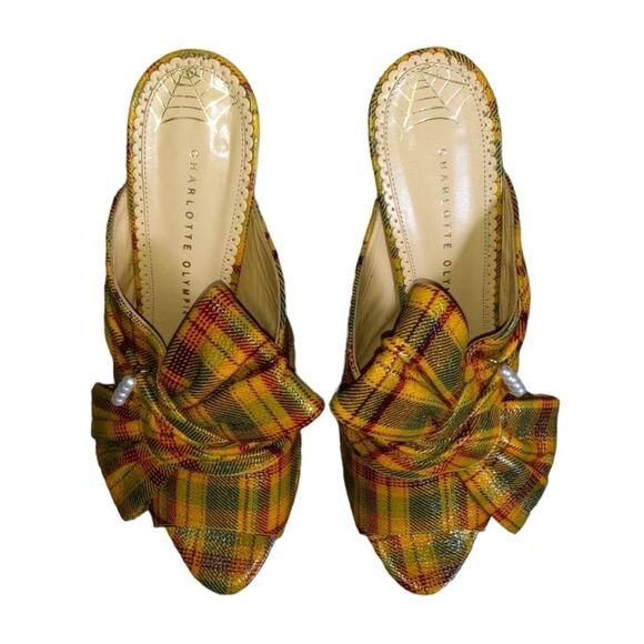 Charlotte Olympia Yellow Plaid and Pearl Bow Front Leather Stacked Heel Mules - Picture 3 of 6